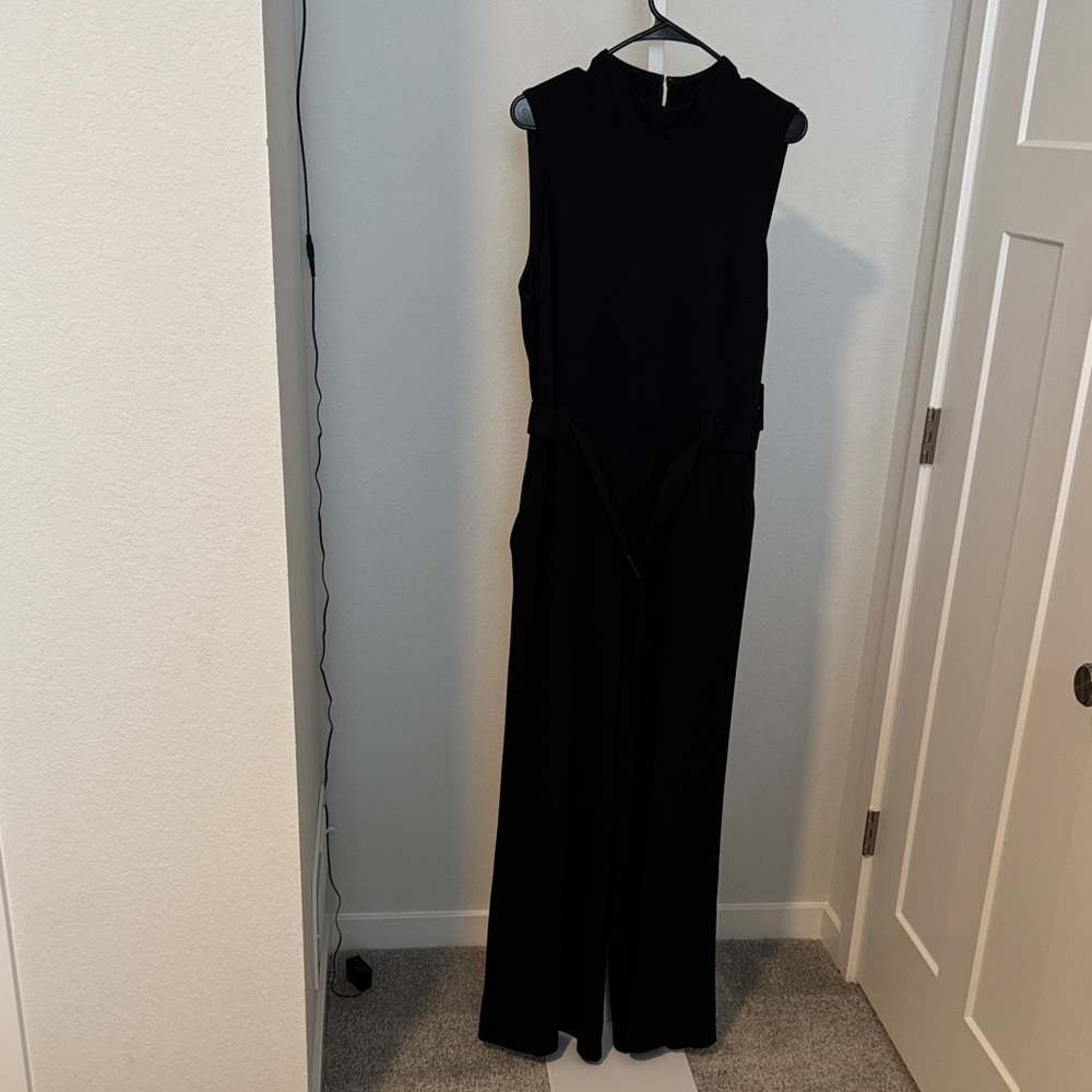 Express Black Sleeveless High-Neck Wide-Leg Jumpsuit with Waist Tie